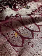 Wine Premium Mashru Katan Silk Floral Jangla Banarasi Saree