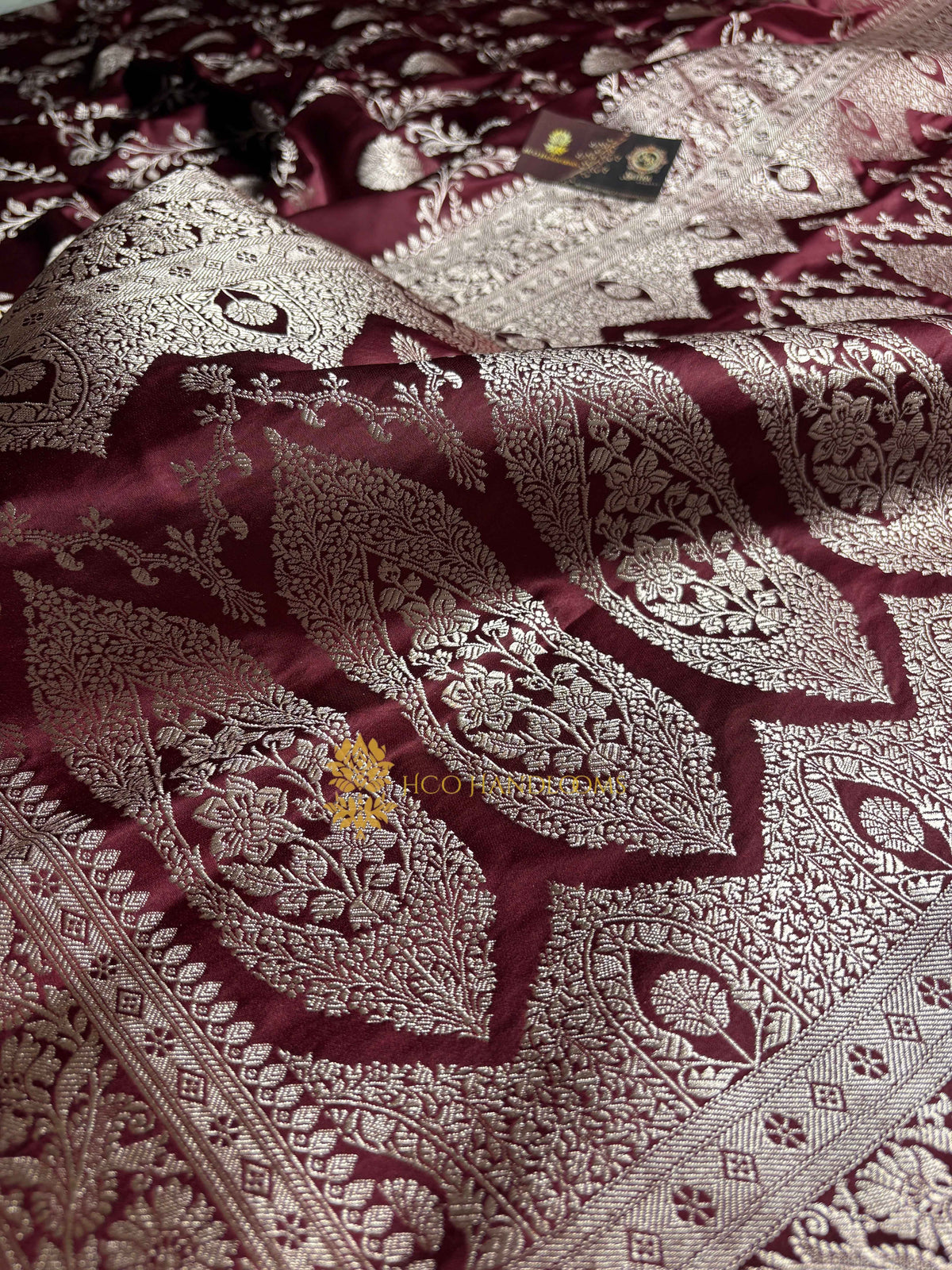 Wine Premium Mashru Katan Silk Floral Jangla Banarasi Saree
