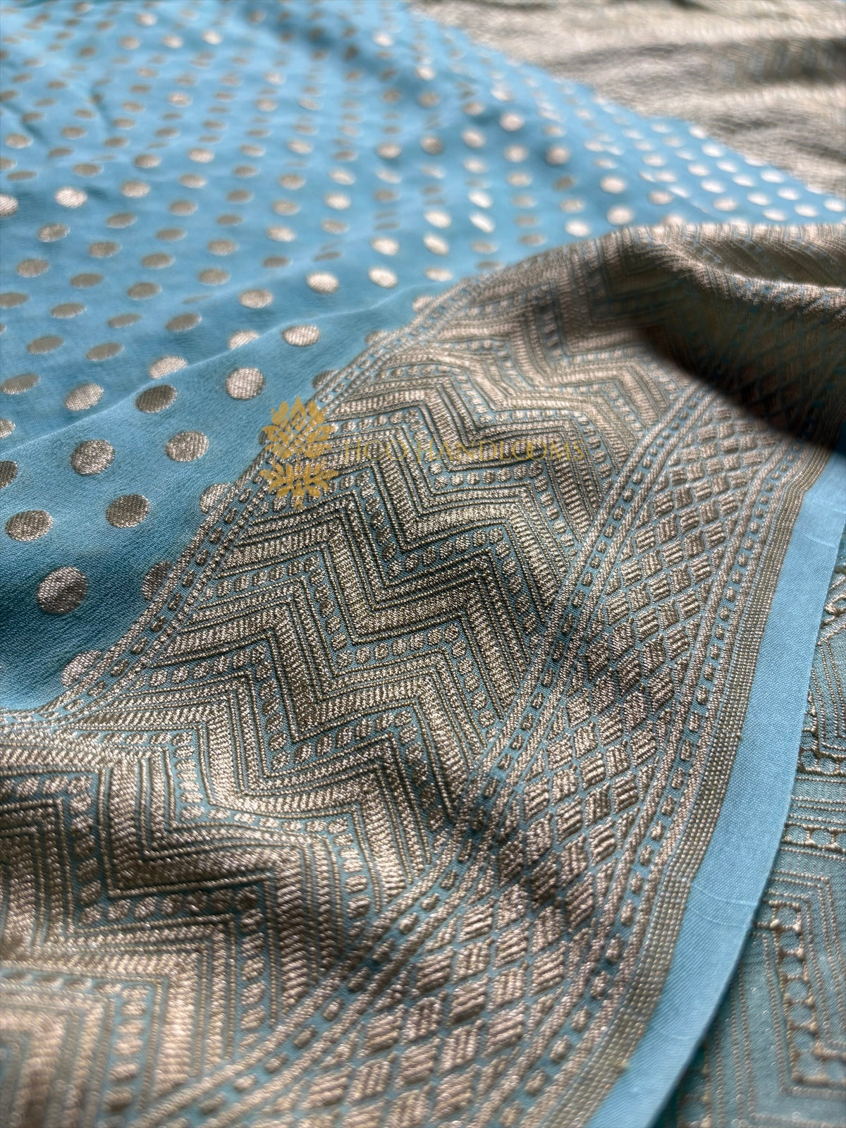 Sky Blue Pure Khaddi Georgette Silk Handloom Banarasi Saree - Gold Zari