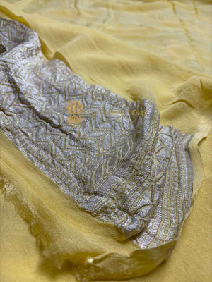 Yellow Pure Khaddi Georgette Silk Handloom Banarasi Saree - Silver Zari
