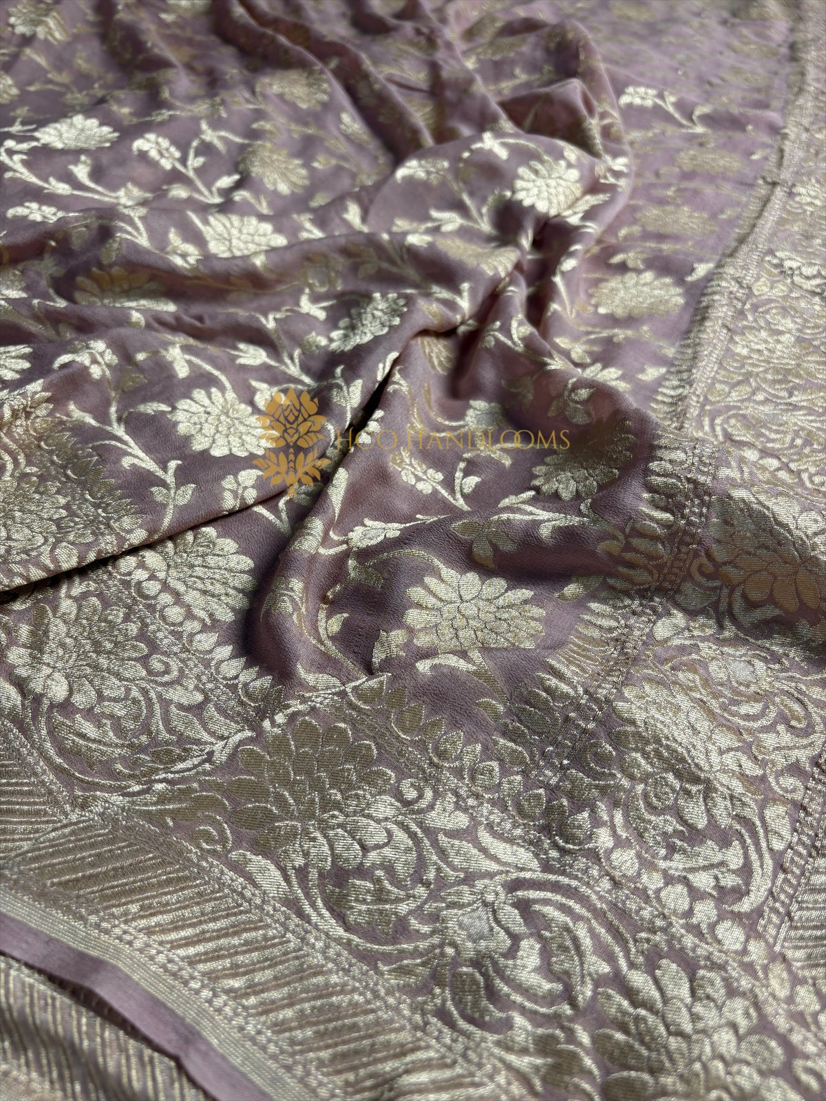 Copper Pure Khaddi Georgette Silk Handloom Banarasi Saree - Water Zari