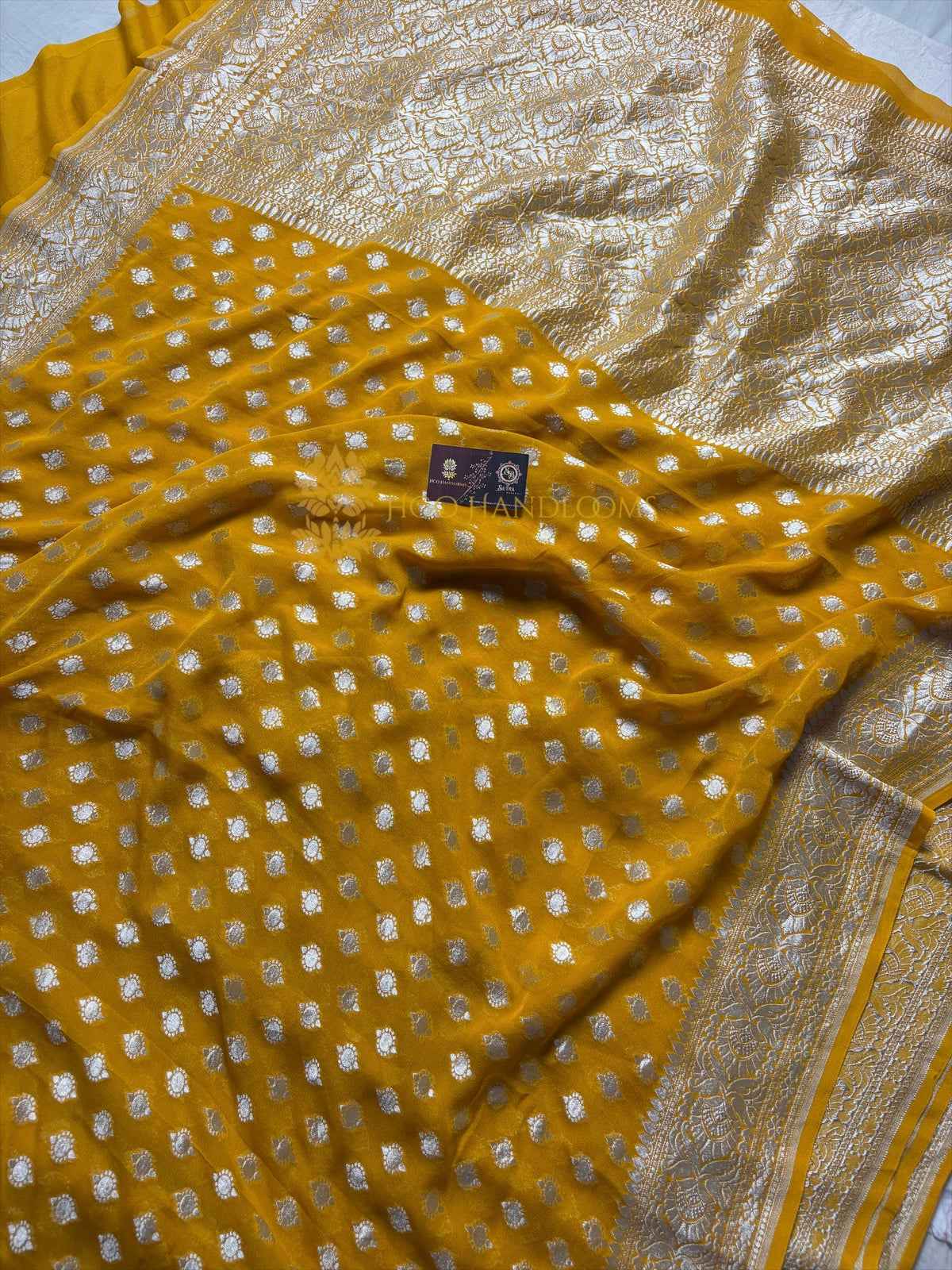 Gold Pure Khaddi Georgette Silk Handloom Banarasi Saree - Silver Zari