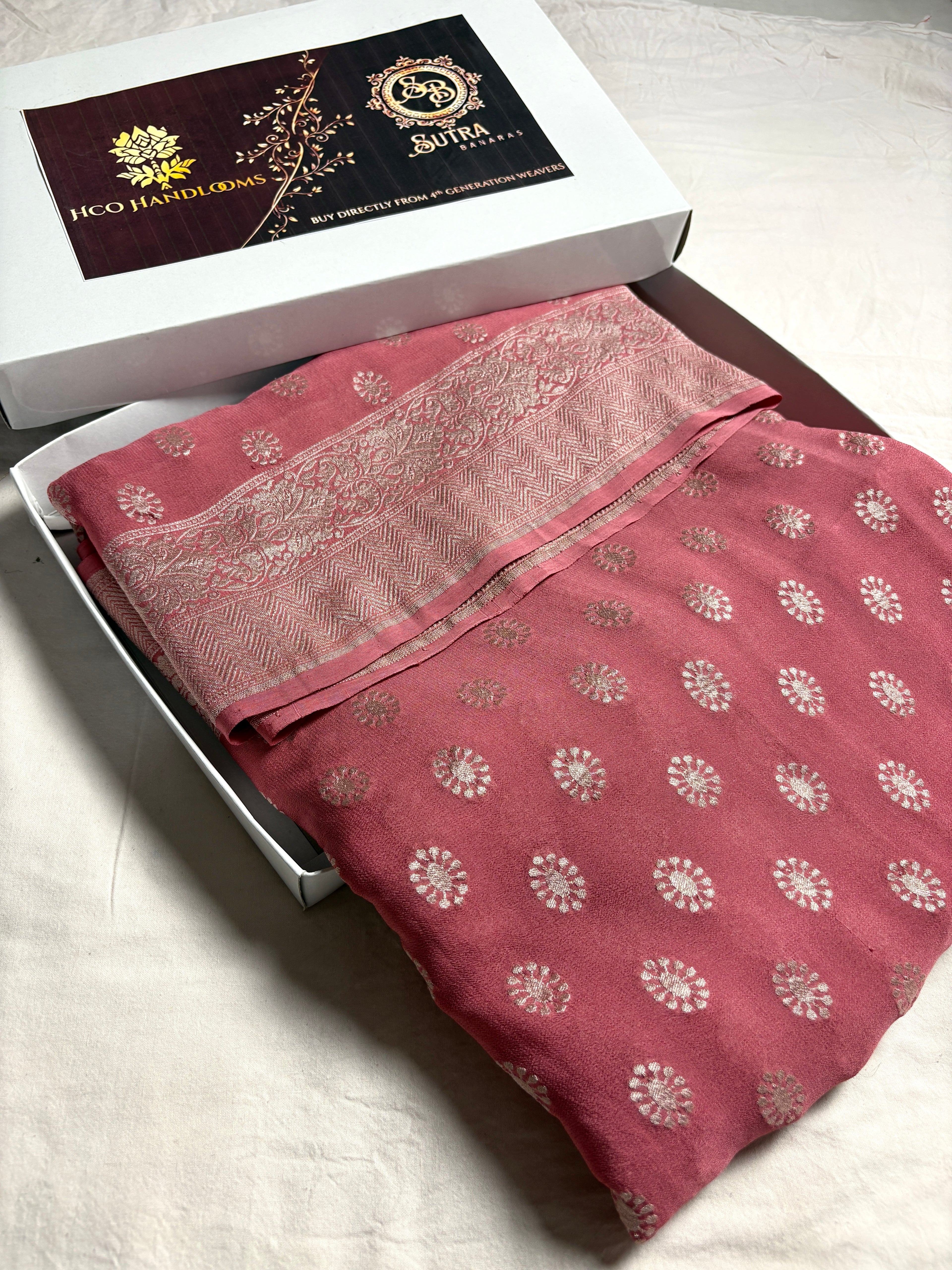 Onion Pink Pure Khaddi Georgette Silk Handloom Banarasi Saree - Water Zari