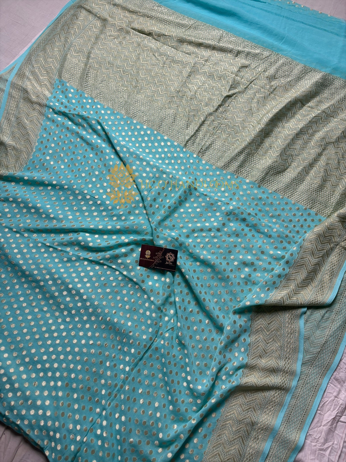 Sky Blue Pure Khaddi Georgette Silk Handloom Banarasi Saree - Gold Zari