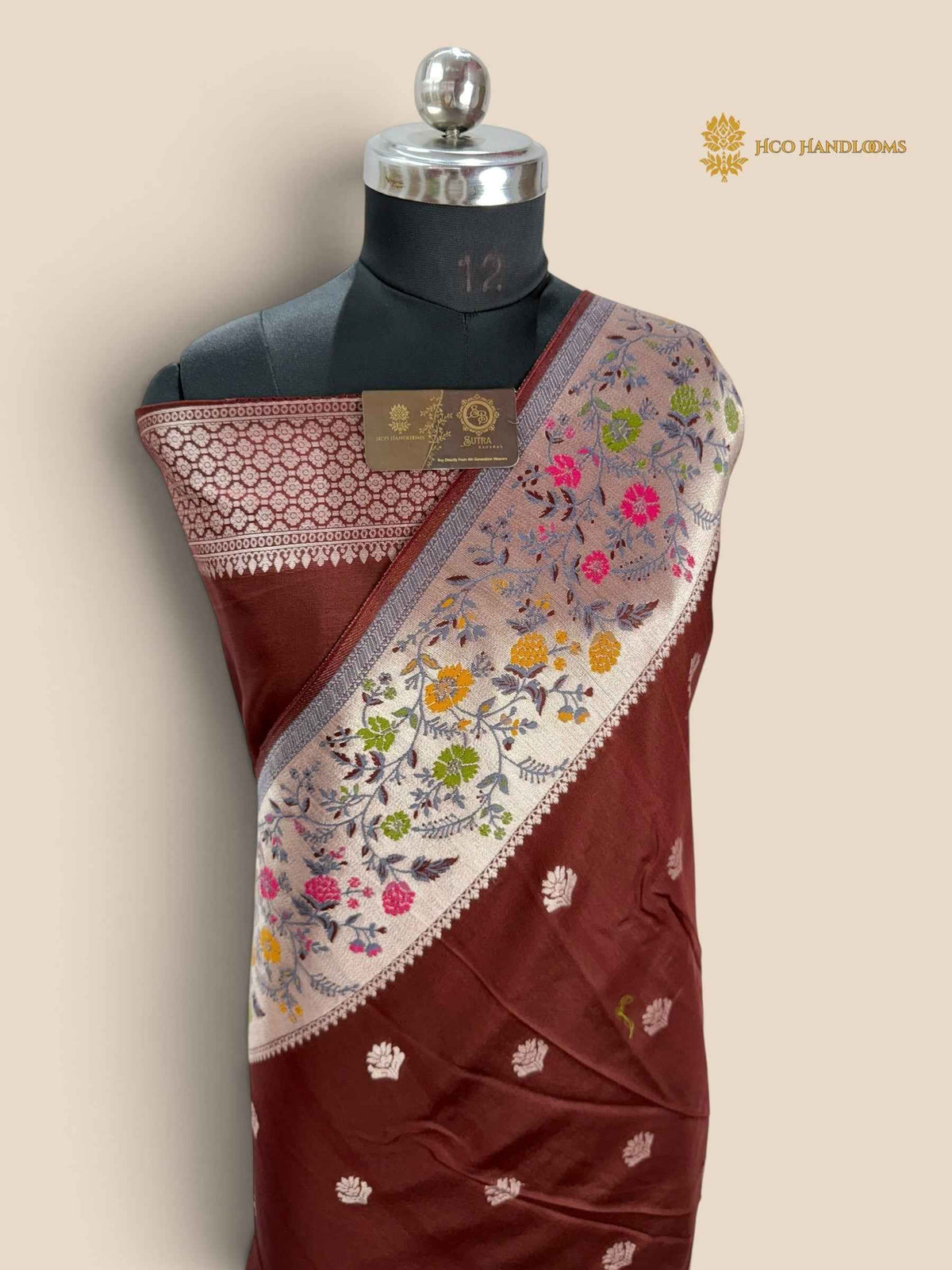 Brown Matka Tussar Silk Banarasi Saree - All Over Motifs & Paithani