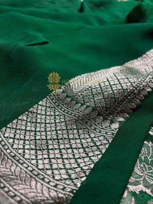 Green Pure Khaddi Georgette Silk Handloom Banarasi Saree - Water Zari
