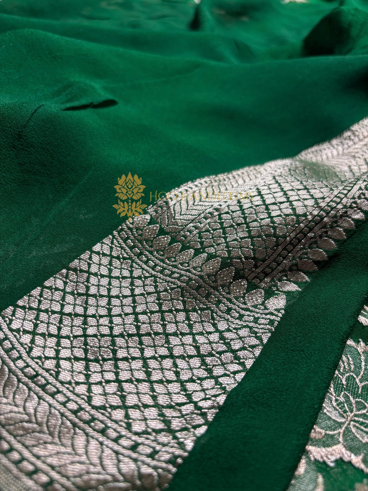 Green Pure Khaddi Georgette Silk Handloom Banarasi Saree - Water Zari