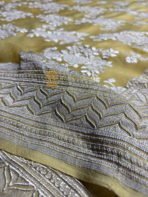 Yellow Pure Khaddi Georgette Silk Handloom Banarasi Saree - Silver Zari