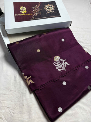 Wine Pure Mango Katan Silk Handloom Banarasi Saree - All Over Kadhua Motifs
