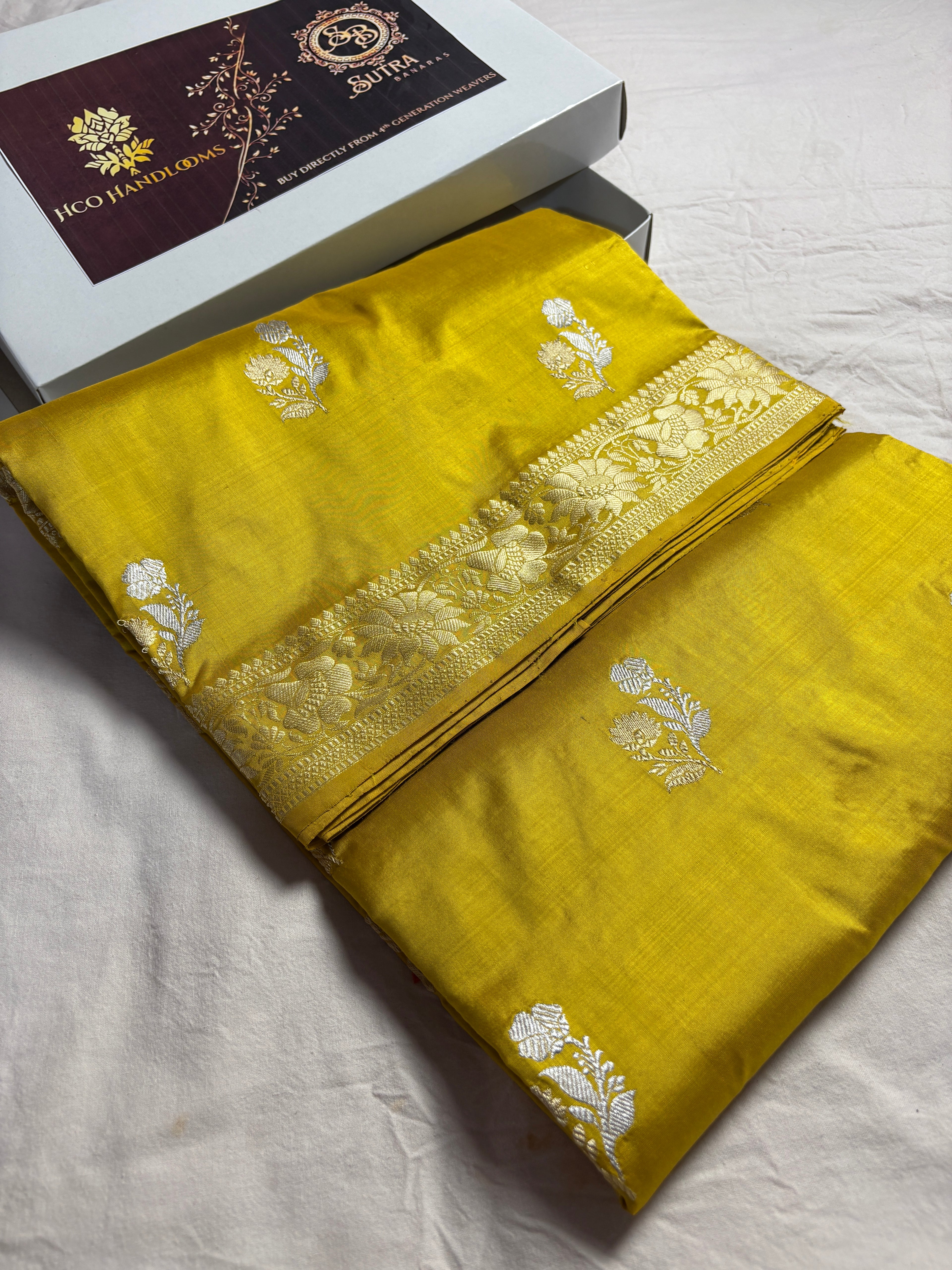 Yellow Pure Katan Silk Handloom Banarasi Saree - All Over Kadhua Motifs