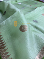 Pista Pure Kora Silk Handloom Banarasi Saree - All Over Kadhua Motifs