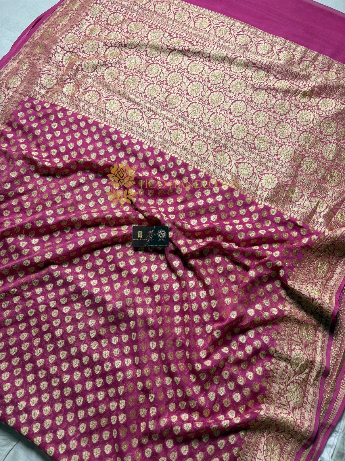 Carrot Pink Pure Khaddi Georgette Silk Handloom Banarasi Saree - Gold Zari