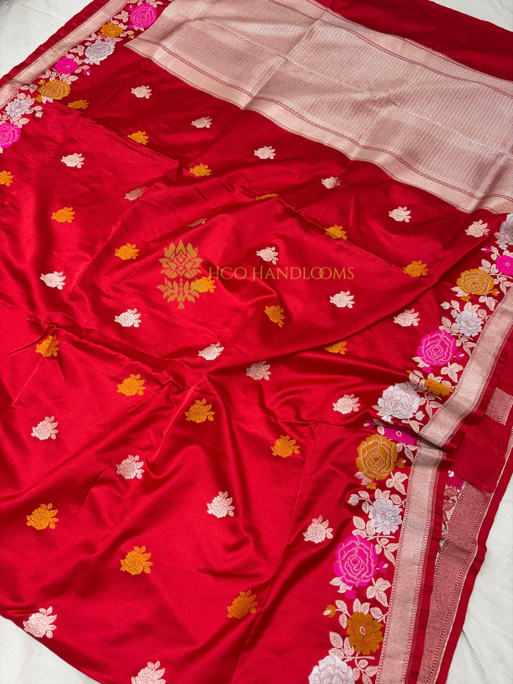 Premium Mashru Katan Silk Meenakari Floral Motifs Banarasi Saree