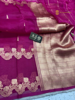 Rani Pink Pure Kora Silk Handloom Banarasi Saree - All Over Kadhua Motifs & Skirt Border