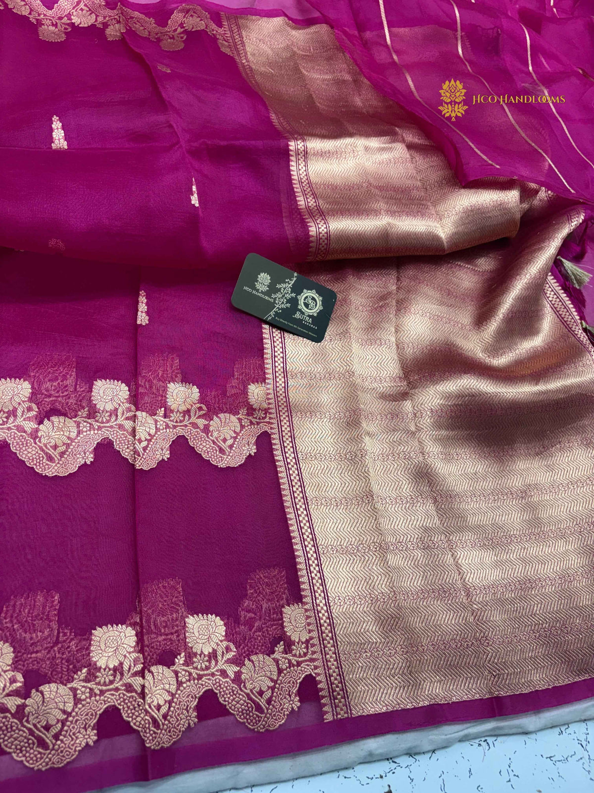 Rani Pink Pure Kora Silk Handloom Banarasi Saree - All Over Kadhua Motifs & Skirt Border