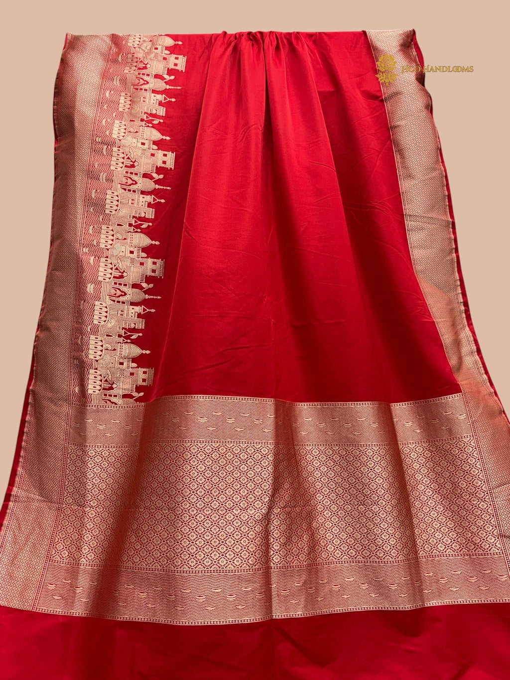 Regal Red Premium Mashru Katan Silk Banarasi Saree - Ganga Ghat Design