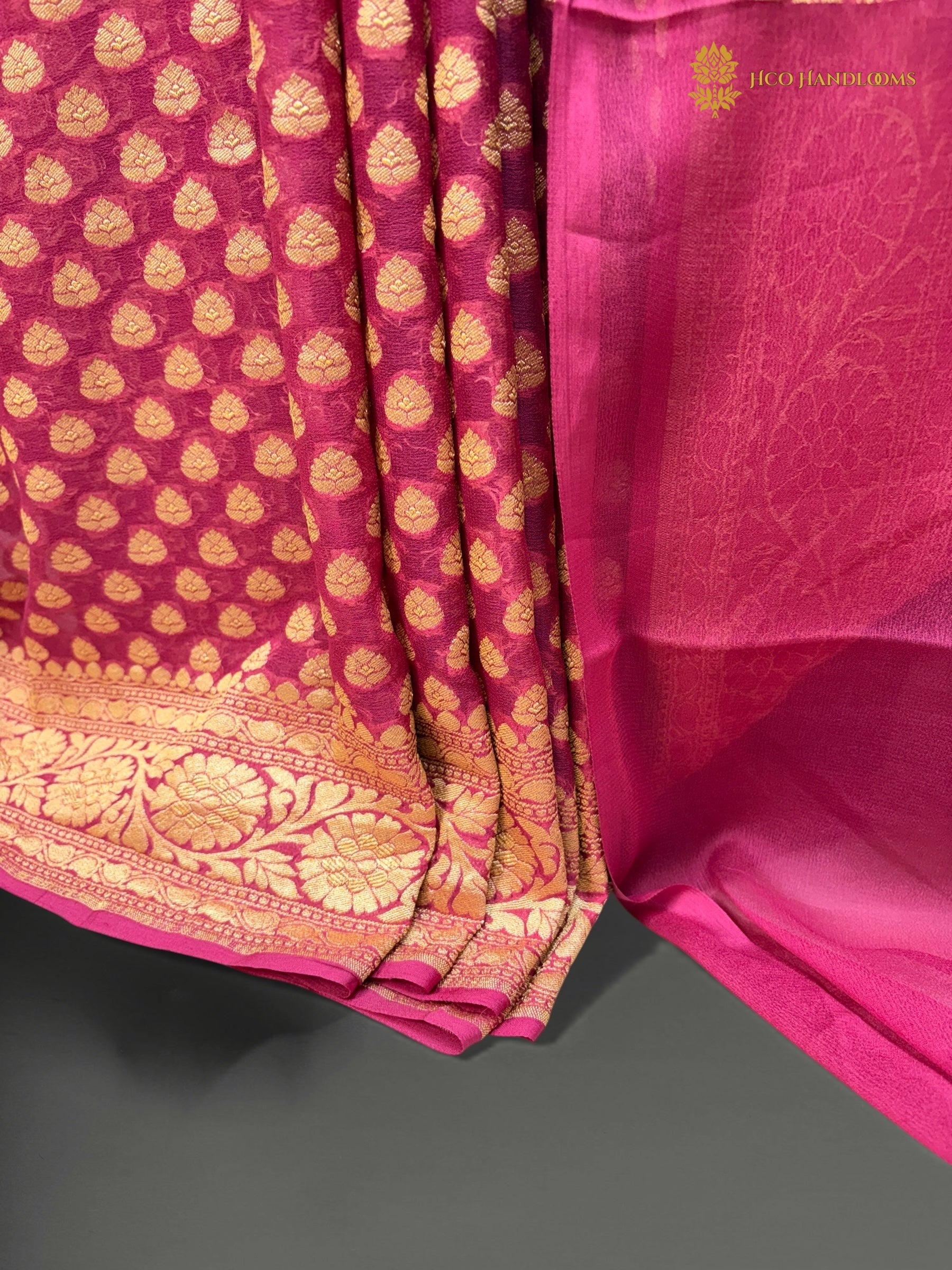 Carrot Pink Pure Khaddi Georgette Silk Handloom Banarasi Saree - Gold Zari