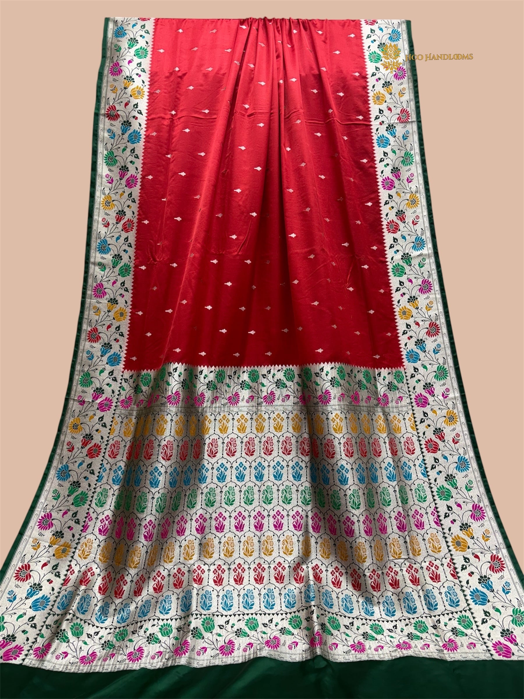 Regal Red Contrast Premium Mashru Katan SIlk Banarasi Saree - All Over Small Booti With Meenakari Border