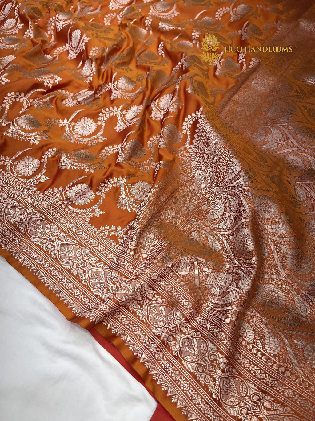 Orange Premium Mashru Katan Silk Banarasi Saree - All Over Jaal
