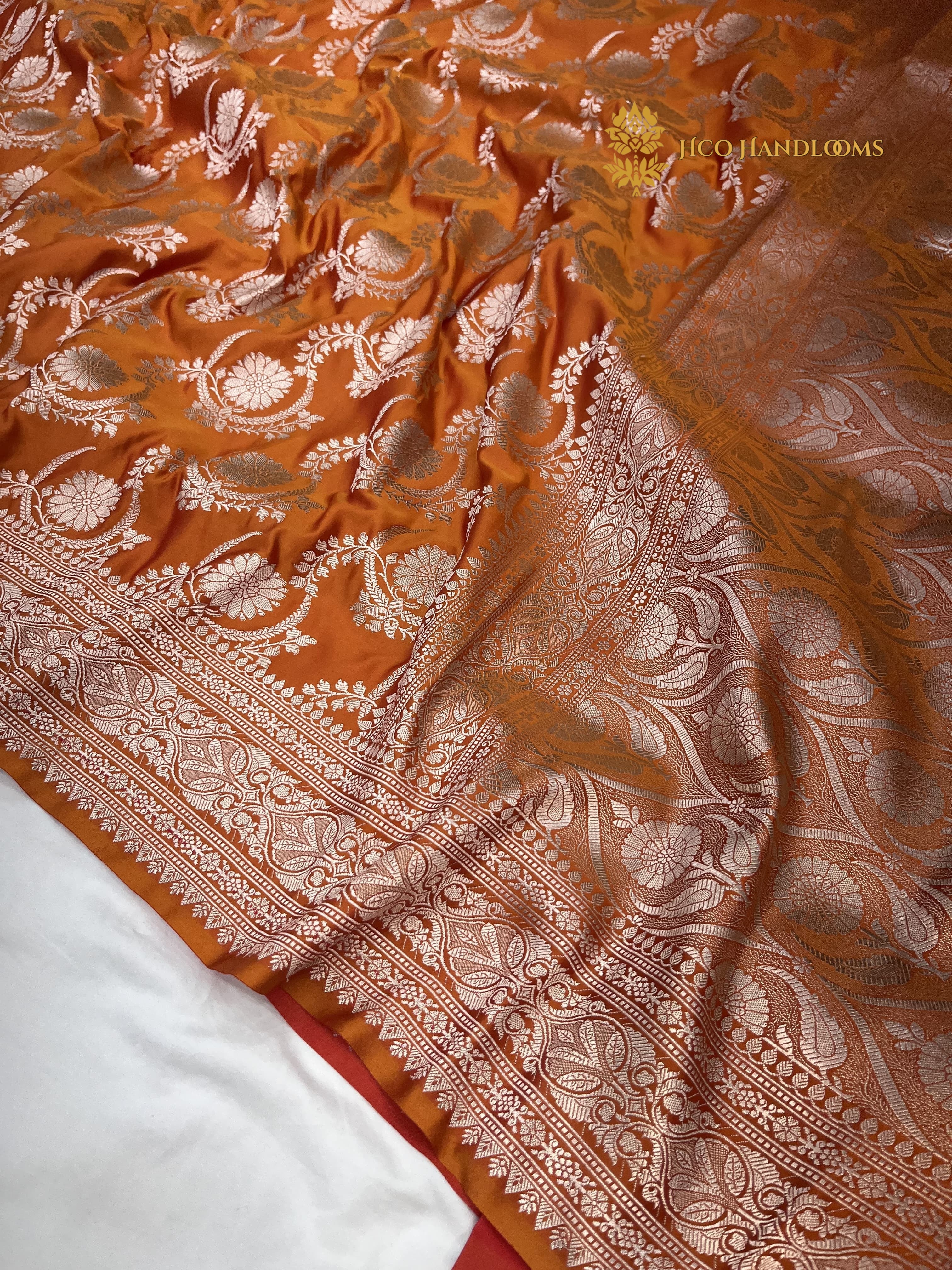 Orange Premium Mashru Katan Silk Banarasi Saree - All Over Jaal