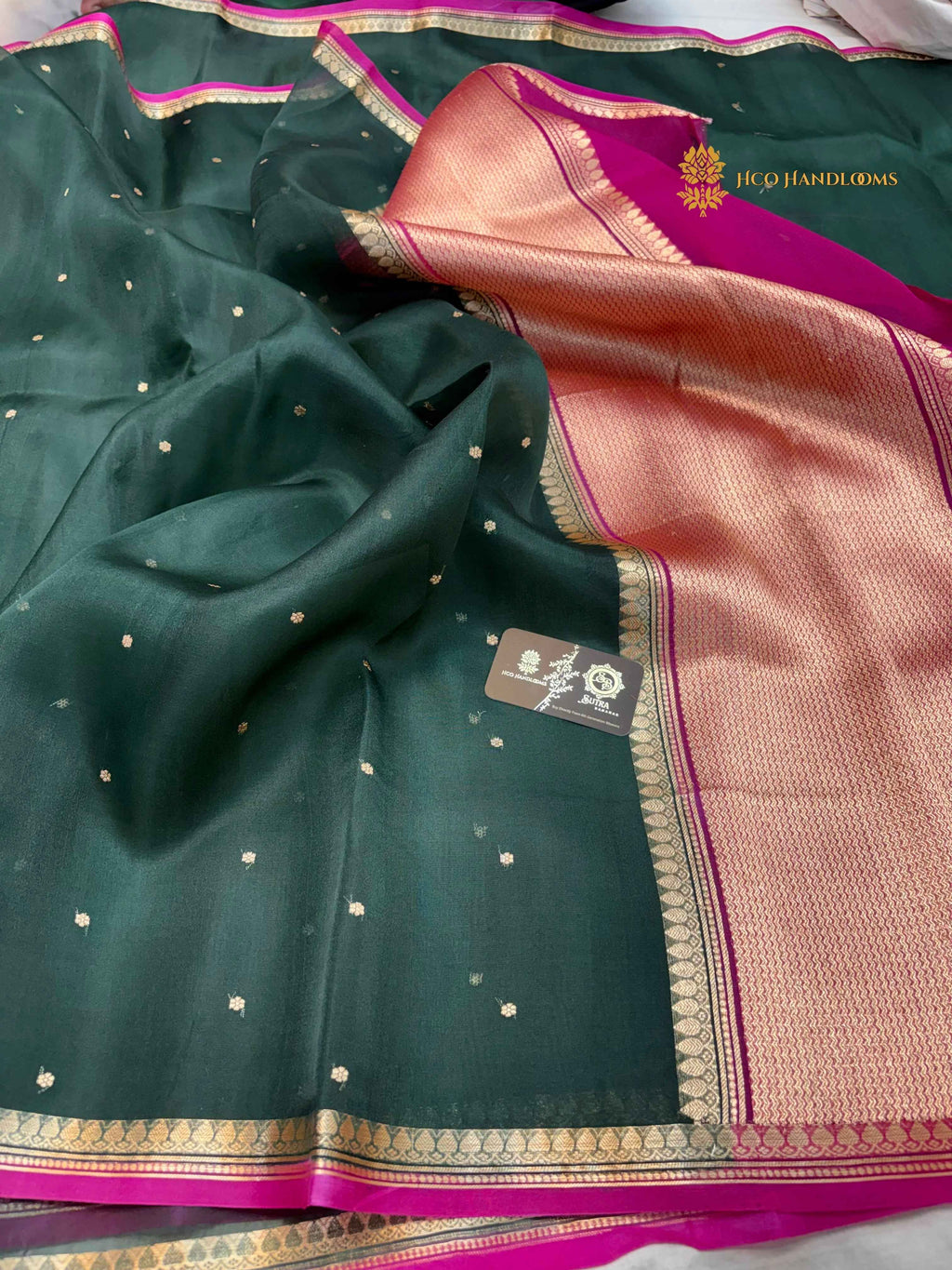 Bottle Green Pure Kora Silk Handloom Banarasi Saree - All Over Small Buti