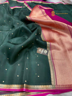 Bottle Green Pure Kora Silk Handloom Banarasi Saree - All Over Small Buti