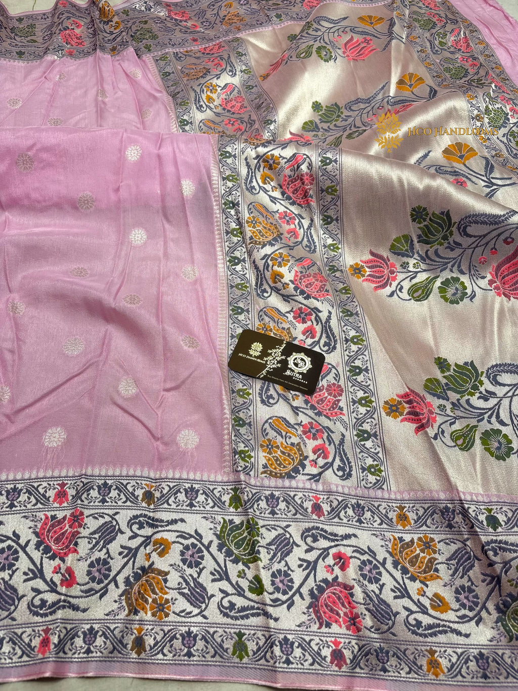 Pastel Pink Matka Tussar Silk Banarasi Saree - All Over Motifs & Paithani