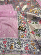 Pastel Pink Matka Tussar Silk Banarasi Saree - All Over Motifs & Paithani