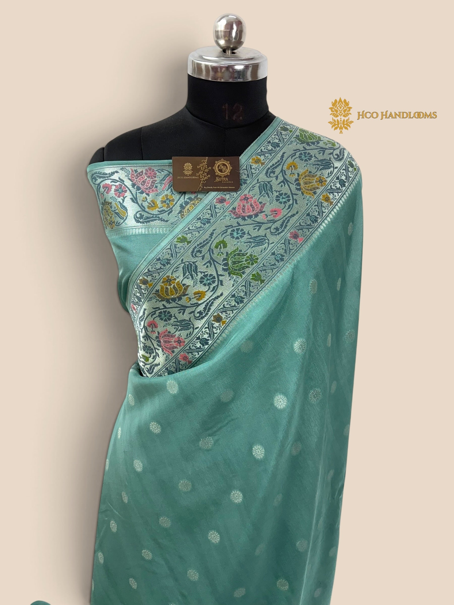 Pastel Blue Matka Tussar Silk Banarasi Saree - All Over Motifs & Paithani