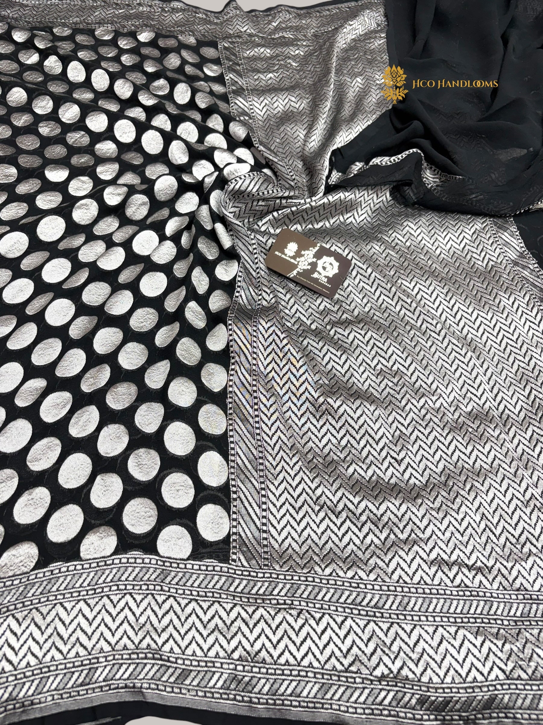 Black Pure Khaddi Georgette Silk handloom Banarasi Saree - Water Zari
