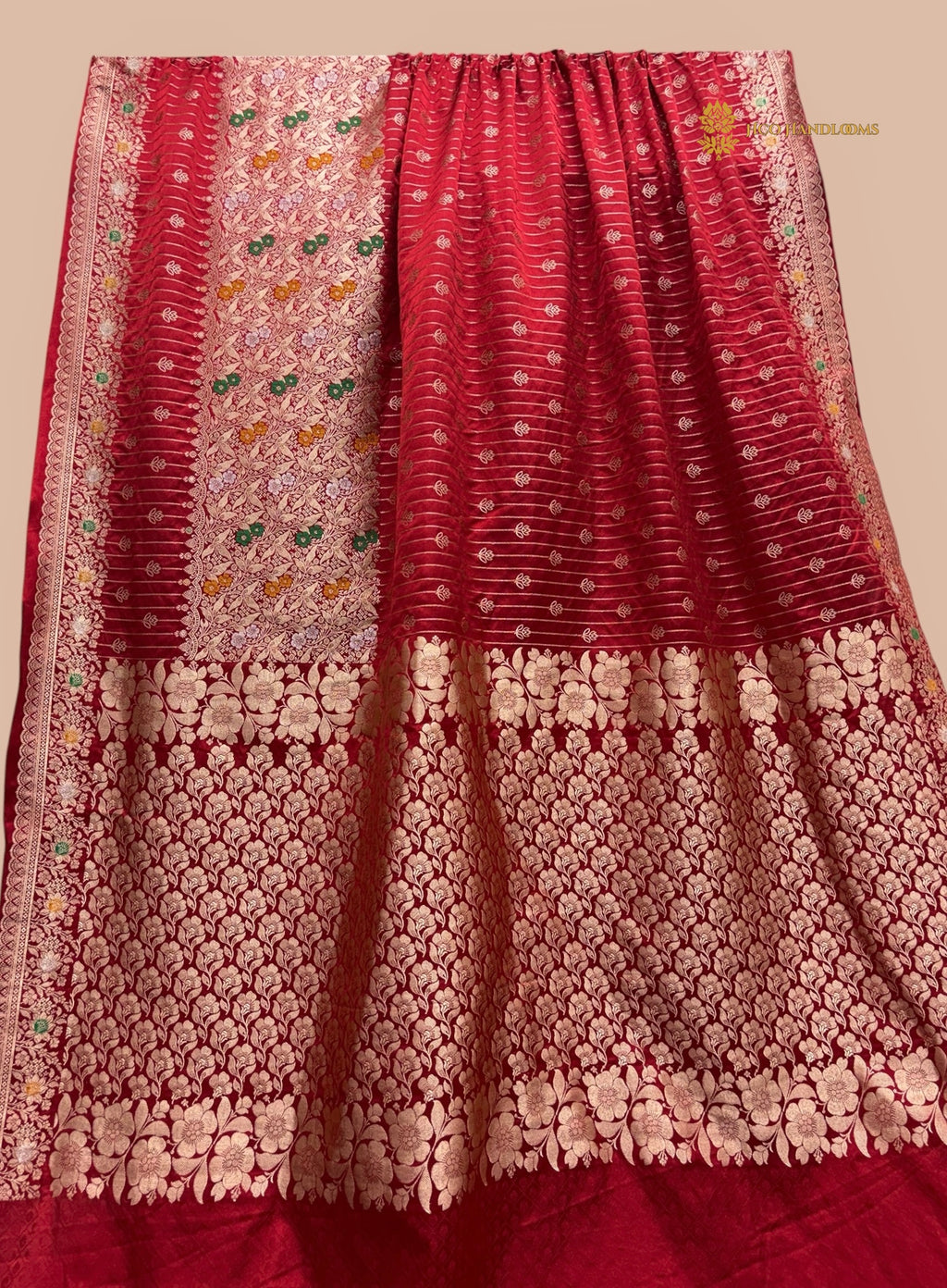 Regal Red Premium Mashru katan SIlk Banarasi Saree - All Over Stripe With Meenakari Skirt