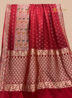 Regal Red Premium Mashru katan SIlk Banarasi Saree - All Over Stripe With Meenakari Skirt