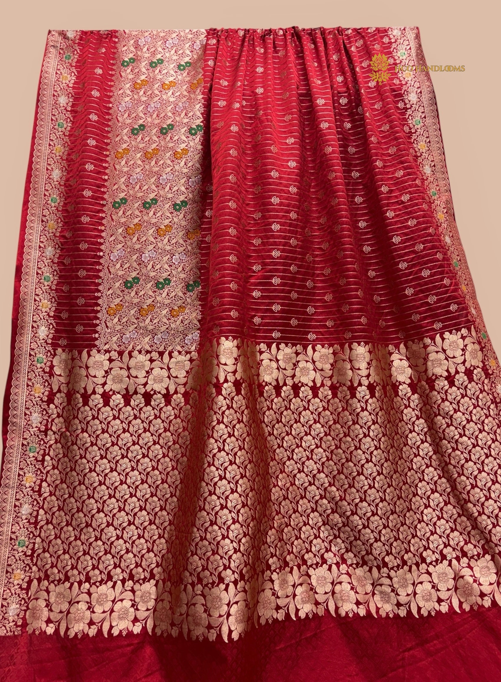 Regal Red Premium Mashru katan SIlk Banarasi Saree - All Over Stripe With Meenakari Skirt