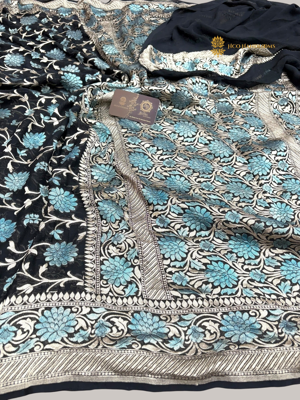 Black Pure Khaddi Georgette Silk Meenakari Handloom Banarasi Saree - Water Zari