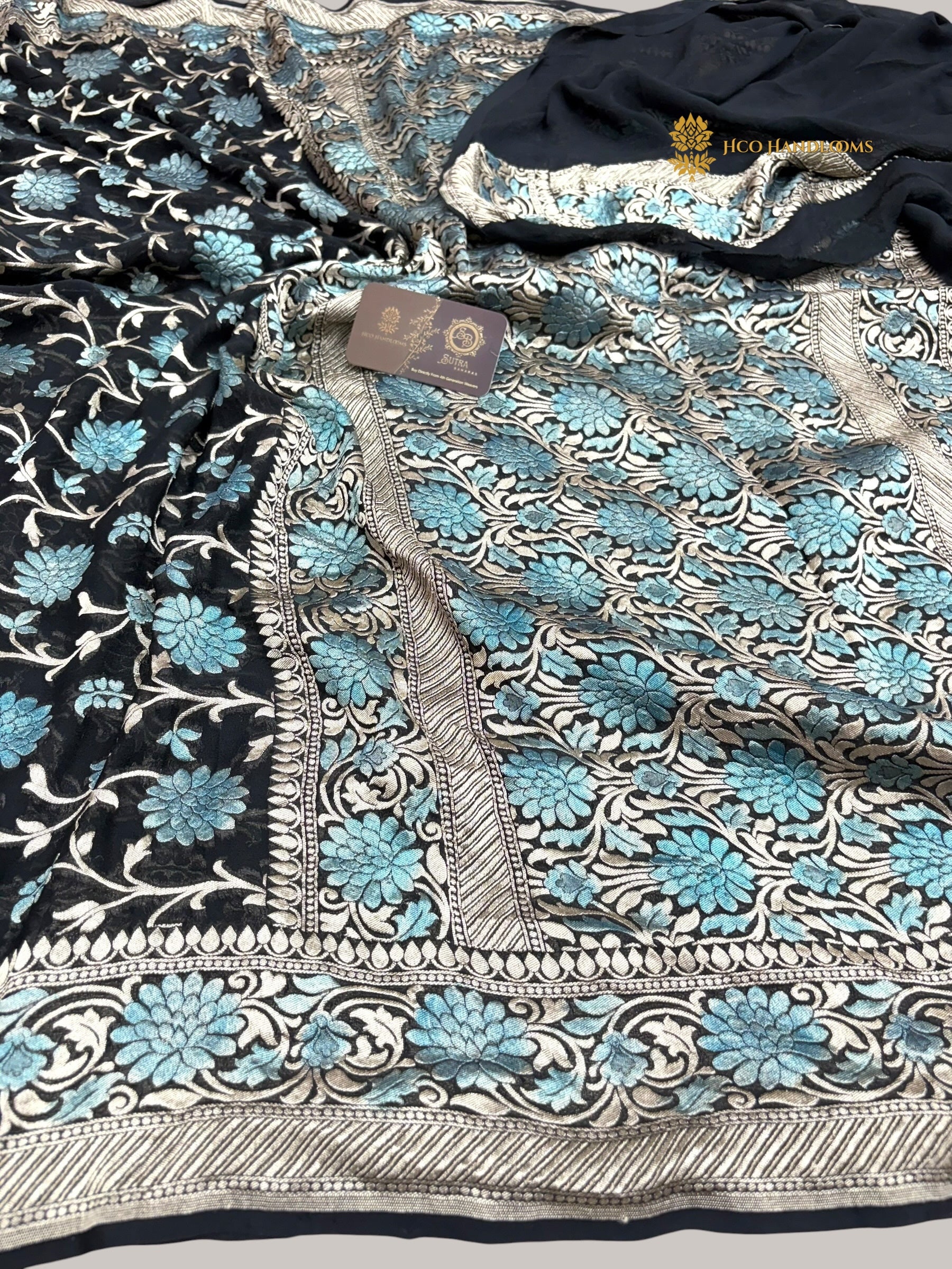 Black Pure Khaddi Georgette Silk Meenakari Handloom Banarasi Saree - Water Zari