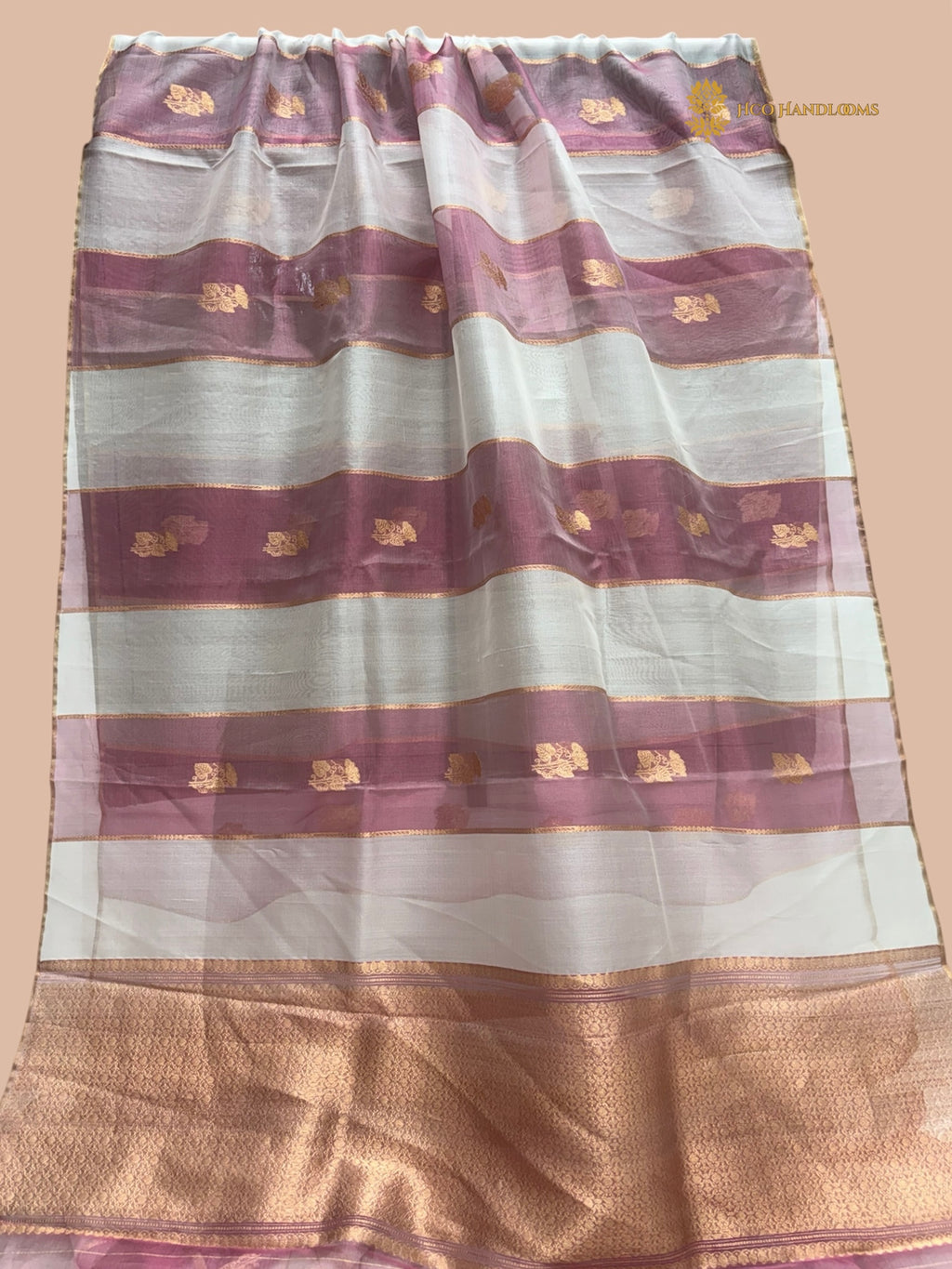 White & Pink Pure Kora Silk Handloom Banarasi Saree - All Over Stripe & Motifs
