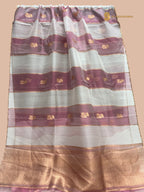 White & Pink Pure Kora Silk Handloom Banarasi Saree - All Over Stripe & Motifs
