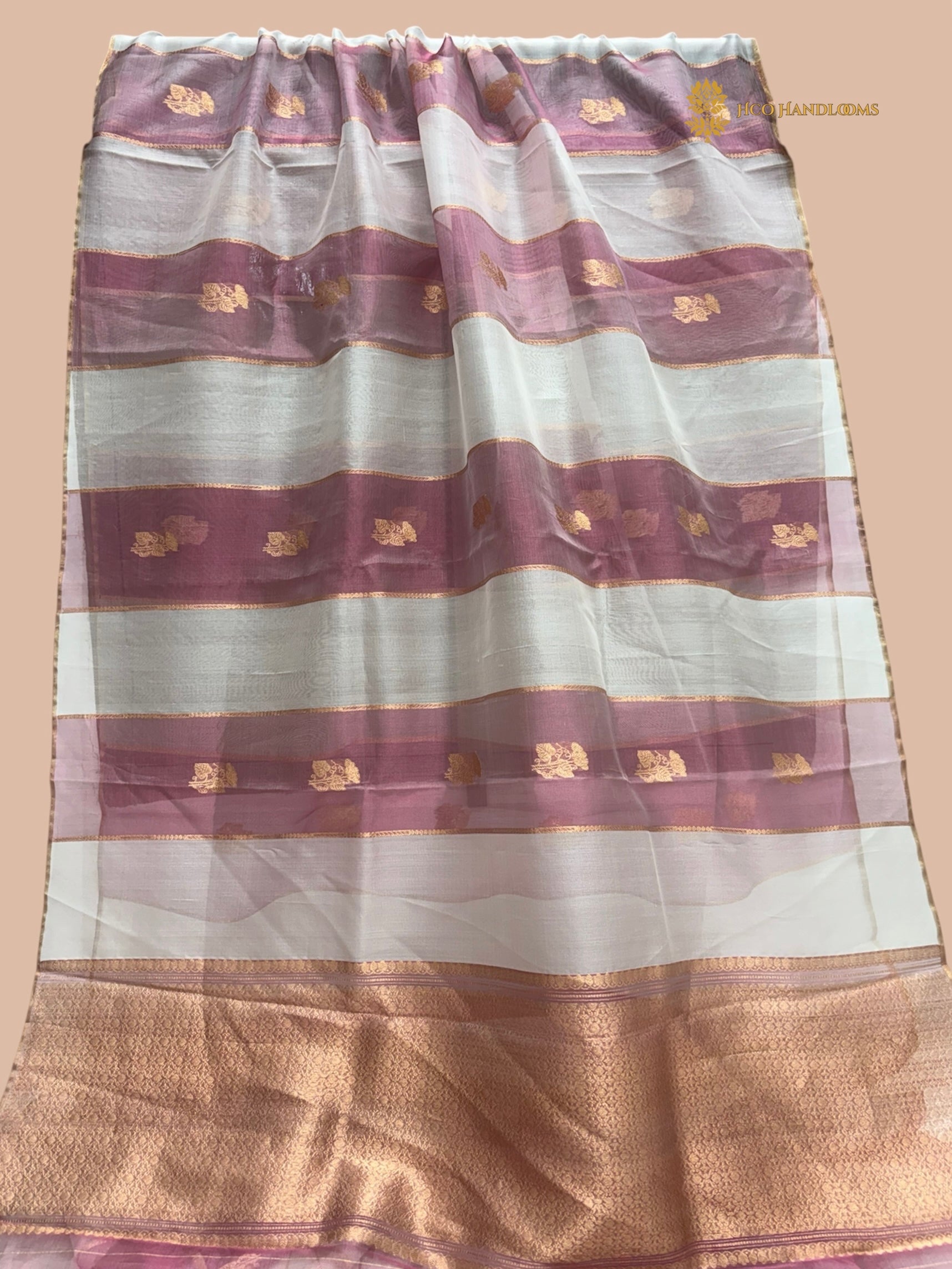 White & Pink Pure Kora Silk Handloom Banarasi Saree - All Over Stripe & Motifs