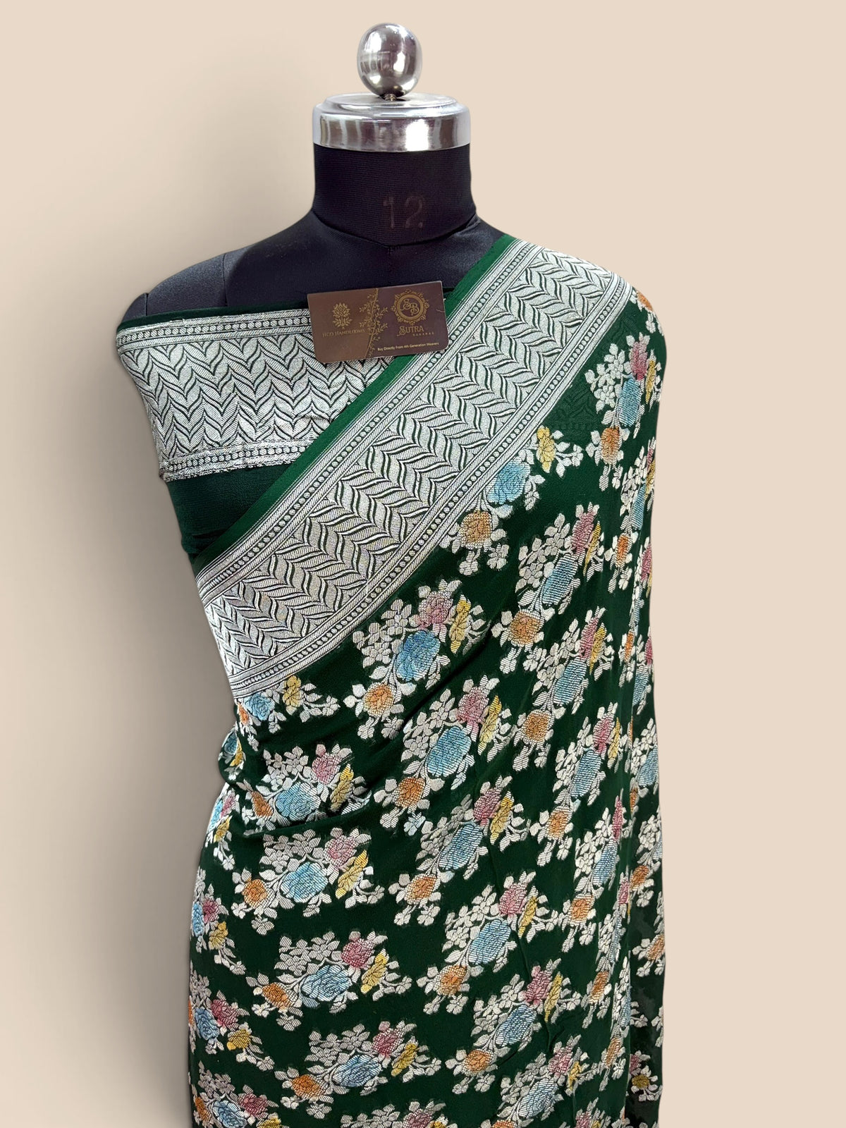 Green Pure Khaddi Georgette Silk handloom Banarasi Saree - Water Zari