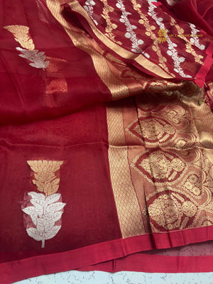 Red Pure Kora Silk Handloom Banarasi Saree - All Over Kadhua Buta