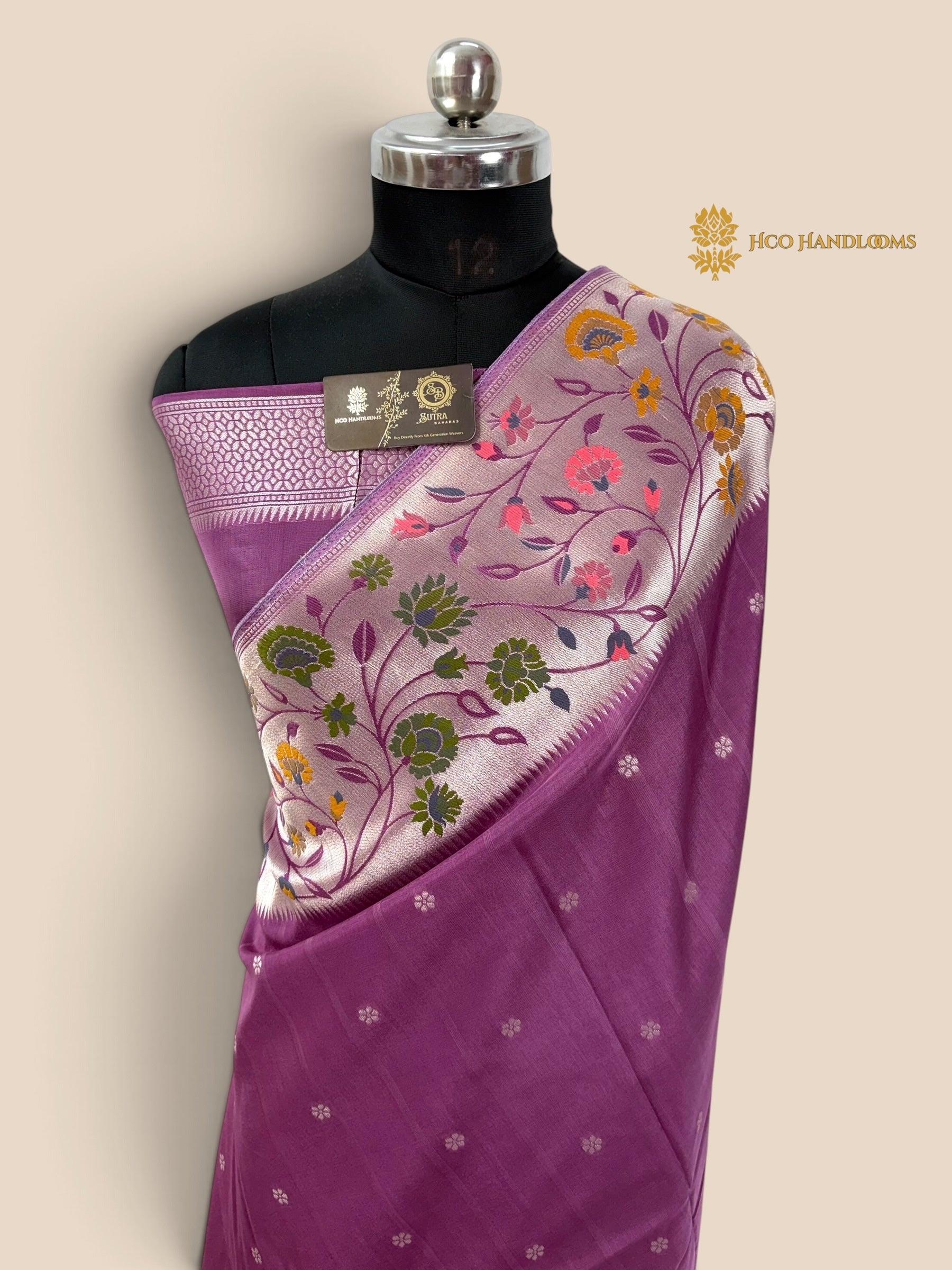 Pastel Purple Matka Tussar Silk Banarasi Saree - All Over Motifs & Paithani