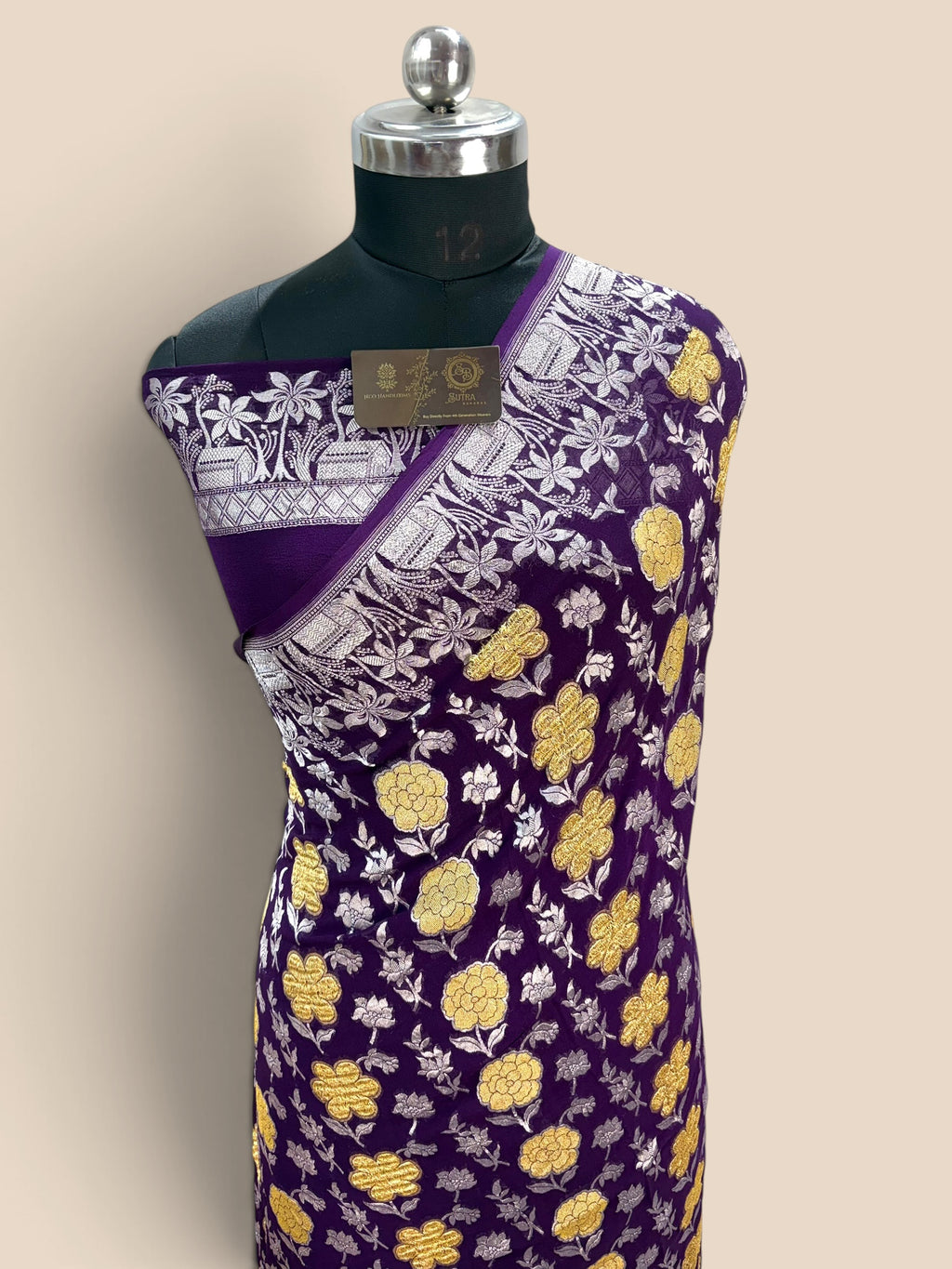 Purple Pure Khaddi Georgette Silk handloom Banarasi Saree - Silver Zari