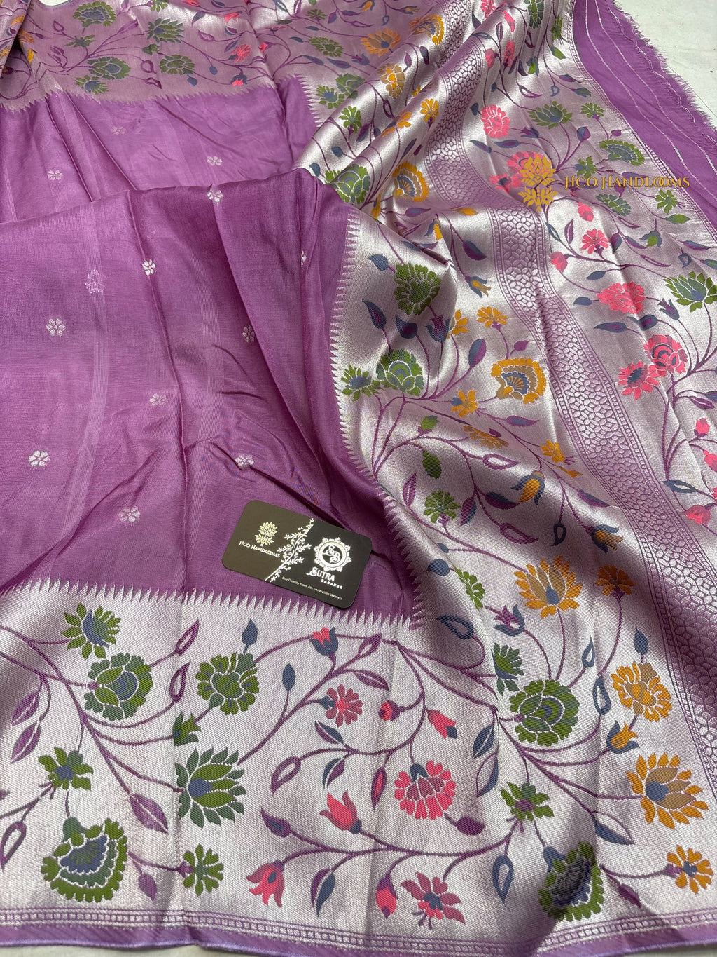 Pastel Purple Matka Tussar Silk Banarasi Saree - All Over Motifs & Paithani