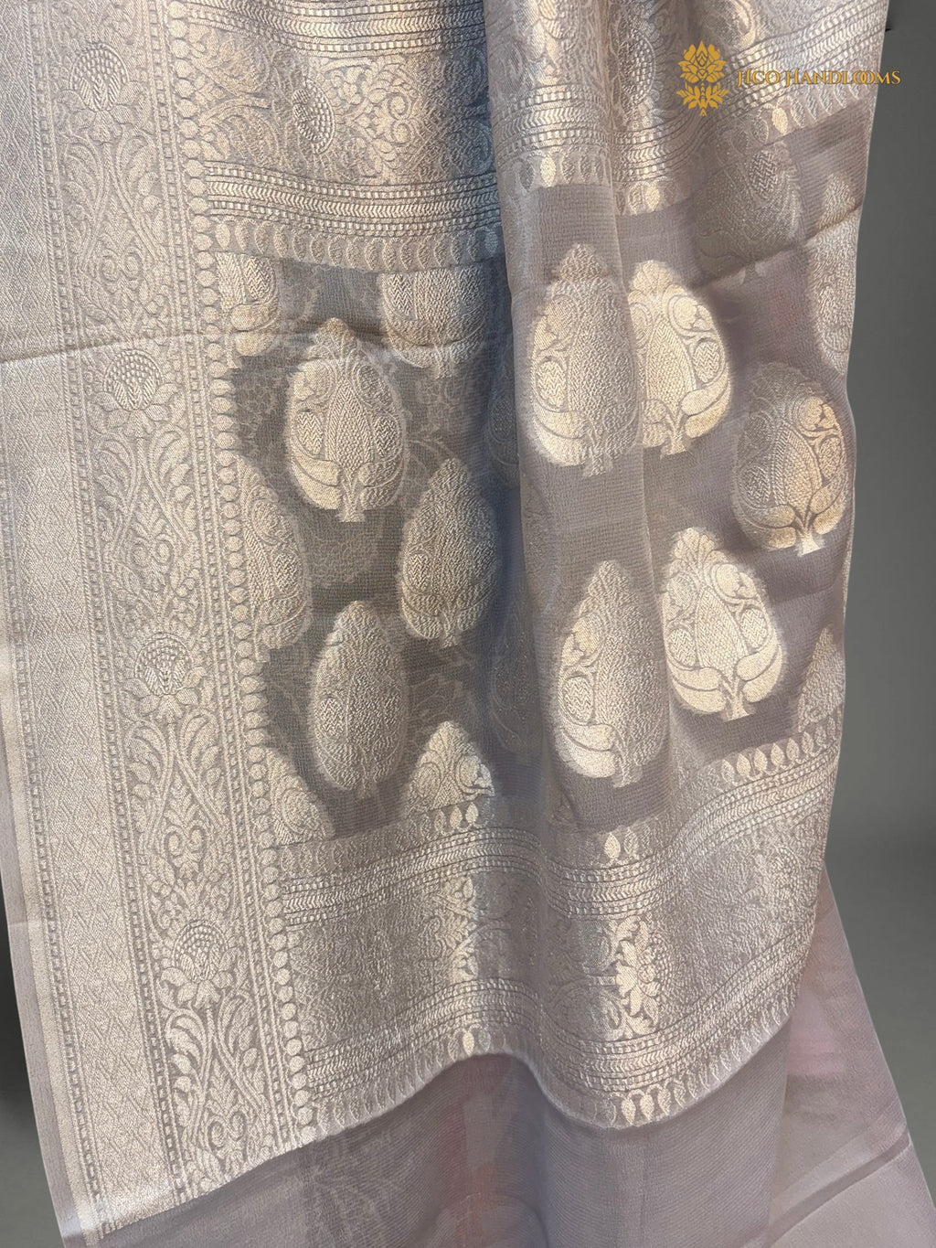 Pure Khaddi Georgette Silk Handloom Banarasi Saree With Black & Silver Contrast