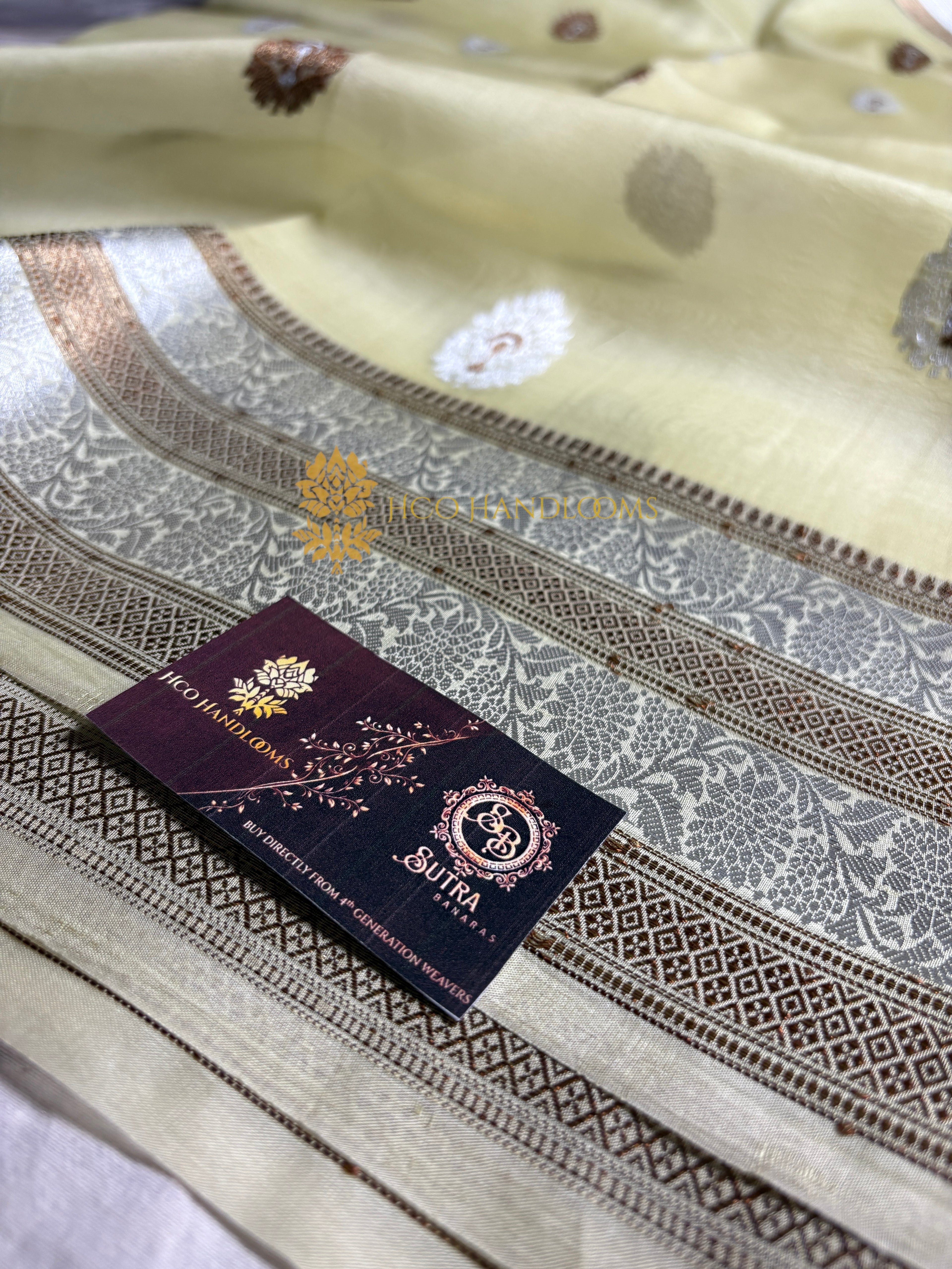 Light Pista Pure Kora Silk Handloom Banarasi Saree - All Over Kadhua Motifs