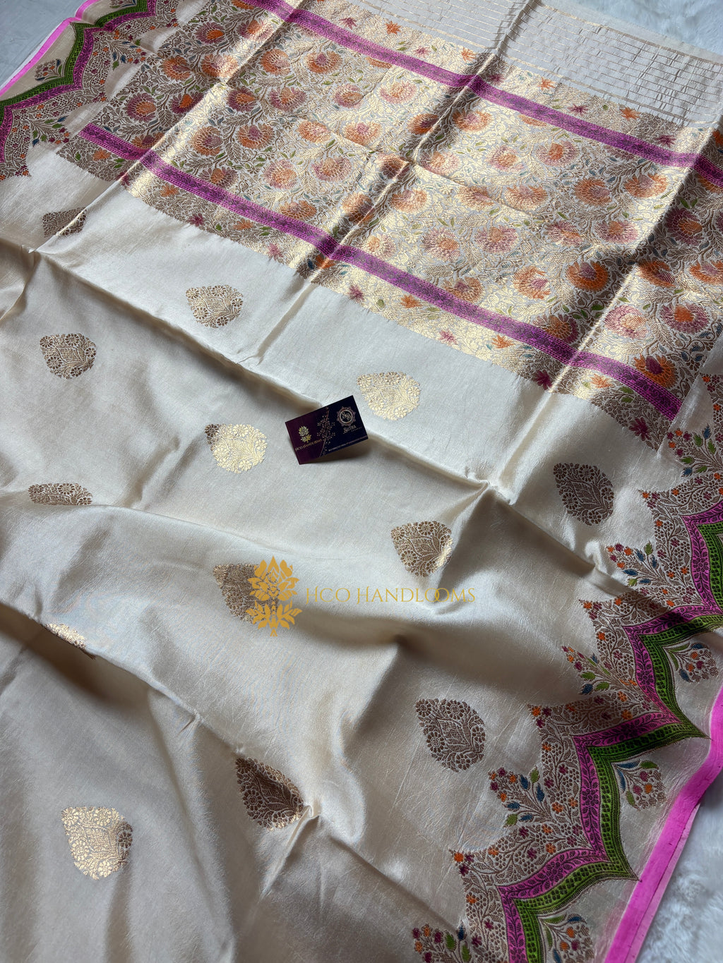 Pure Raw Mango Silk Handloom Banarasi Saree - All Over Meenakari Kadhua Motifs