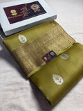 Dusty Pista Pure Kora Silk Handloom Banarasi Saree - All Over Kadhua Motifs