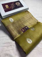 Dusty Pista Pure Kora Silk Handloom Banarasi Saree - All Over Kadhua Motifs