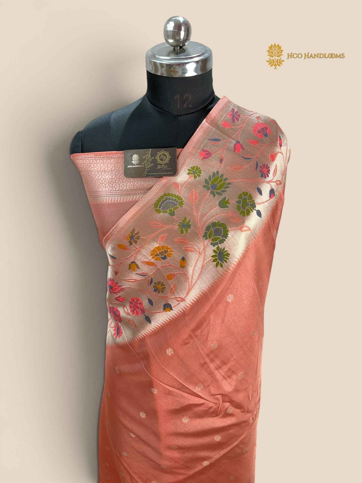 Peach Matka Tussar Silk Banarasi Saree - All Over Motifs & Paithani
