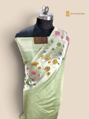 Pastel Green Matka Tussar Silk Banarasi Saree - All Over Motifs & Paithani